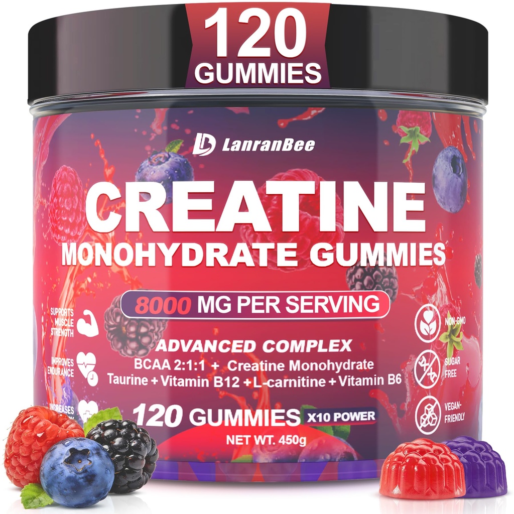 Creatine Monohydrate Gummies for Men & Women with L-Carnitine & Taurine – Pre-Workout Supplement for Muscle Strength, Energy Boost – Sugar Free, Vegan, Berry Flavor, Chewable Gummy 120 Count