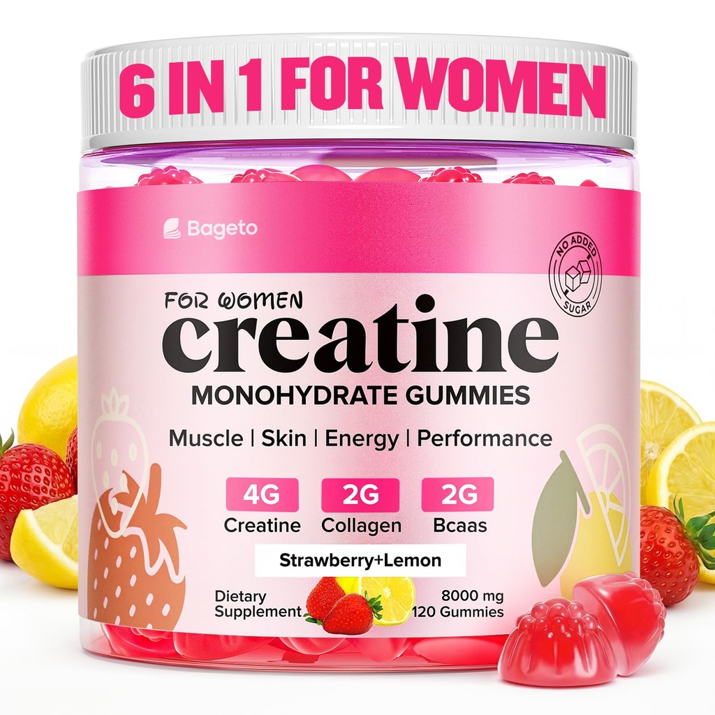 Creatine Gummies for Women, 8000 MG Complex with Collagen + BCAAs + Vitamin C & B12, Creatine Monohydrate Gummies for Women, for Booty, Energy & Strength, Sugar Free 120 Count Strawberry-Lemon Flavor