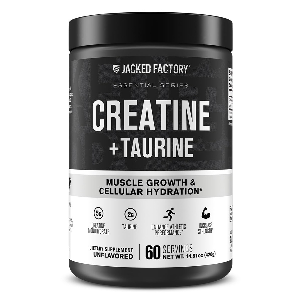 Jacked Factory Creatine + Taurine - Creatine Monohydrate 5000mg με Taurine 2000mg για αυξημένη μυϊκή δύναμη & κυτταρική ενυδάτωση - 60 εξυπηρετήσεις, Άγευστη