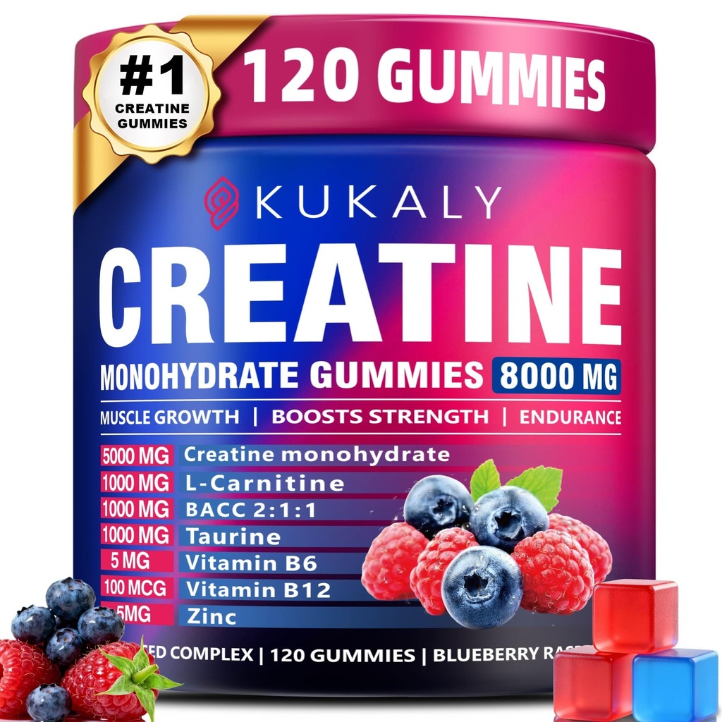 KUKALY Creatine Monohydrate Gummies for Men & Women, 8500MG Creatine Gummies Sugar Free Mixed Flavored with L-Taurine, BCAA 2:1, B12 B6 for Boost Strength, Focus & Endurance, Vegan, Non-GMO, 120pcs