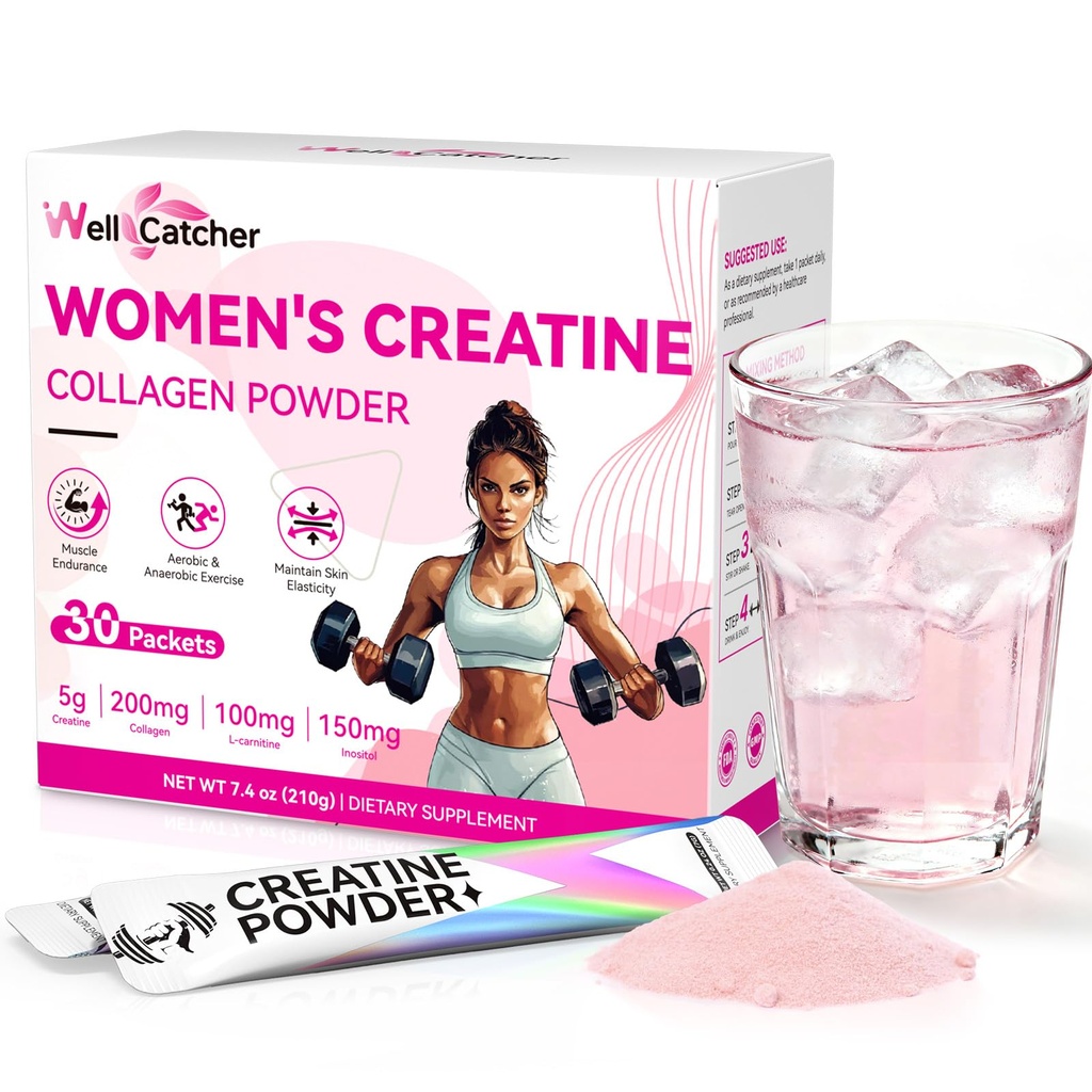 Women‘s Creatine Powder Travel Packets: Creatine Monohydrate Collagen Packs for Pre Workout Muscle Growth & Recovery Skin Elasticity Energy Metabolism with Inositol Beet Root Raspberry Flavor 30 Packs