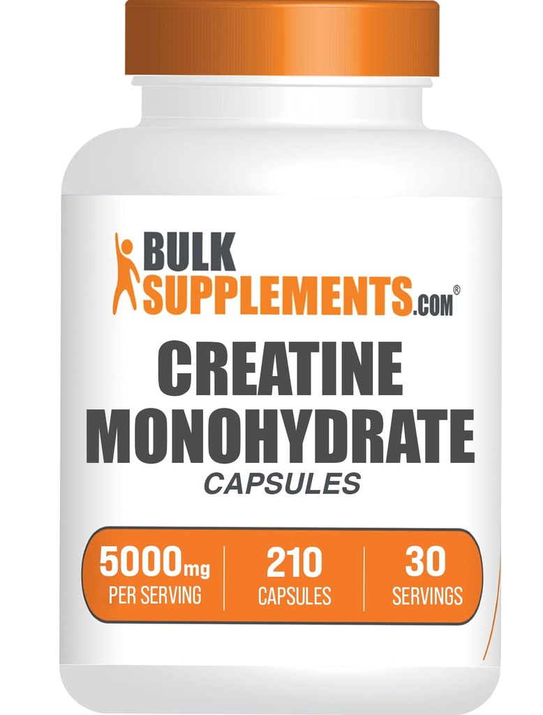 BulkSupplements.com Creatine Monohydrate Capsules - Micronized Creatine Monohydrate, Sports Nutrition - 7 Capsules per Serving, 5000mg, Gluten Free, 210 Count (Pack of 1)