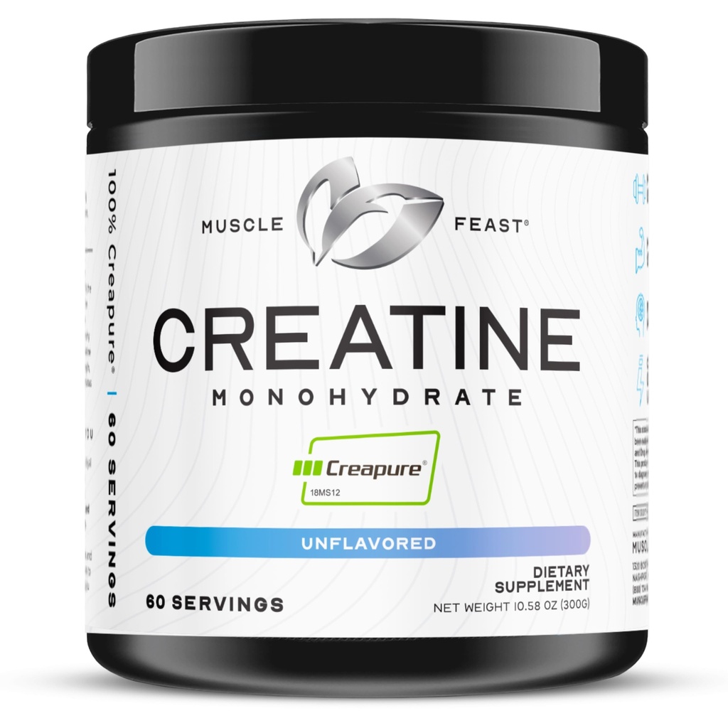 Μύες Feast Creapure Creatine Monohydrate σκόνη, Vegan Keto Φιλική γλουτένη-free, Μαζική Κεραυνός, συμπλήρωμα αποκατάστασης μυών και Εμπιστευμένη Creatine για μυϊκή ανάπτυξη, σκόνη Creatine, Unflaved, 300g