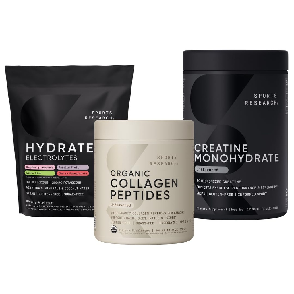 Sports Research Unflavored Organic Collagen Peptides, Unflavored Creatine Monohydrate and Hydrate Electrolytes Powder Packets (16x Variety Pack)
