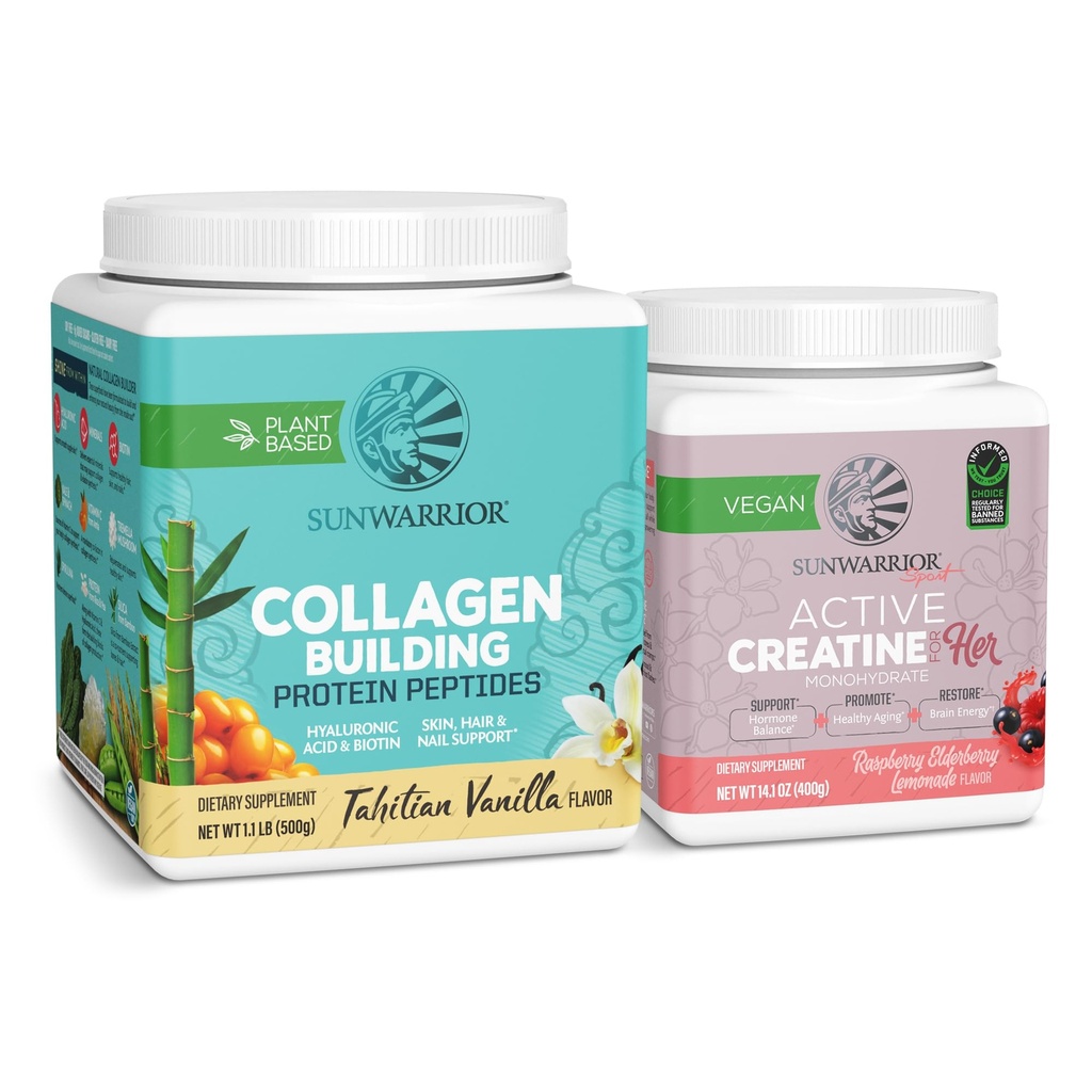 Sunwarrior Vegan Collagen Building Powder Vanilla Flavored 20 Servings & Creatine Monohydrate Powder for Women Berry Lemonade Flavored 50 Servings