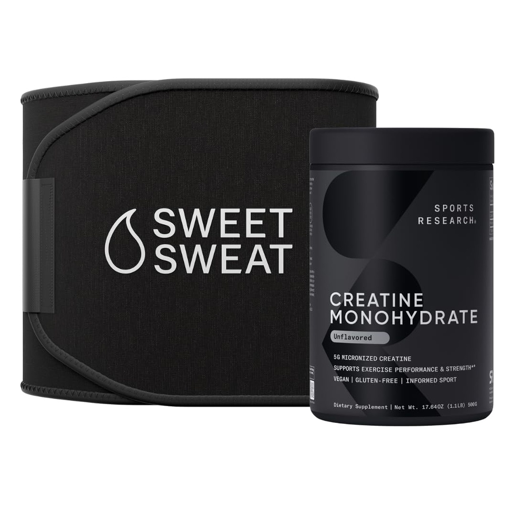 Sports Research Training Performance Pack - Creatine Monohydrate and Sweet Sweat Waist Trimmer Extra-Coverage (Medium)