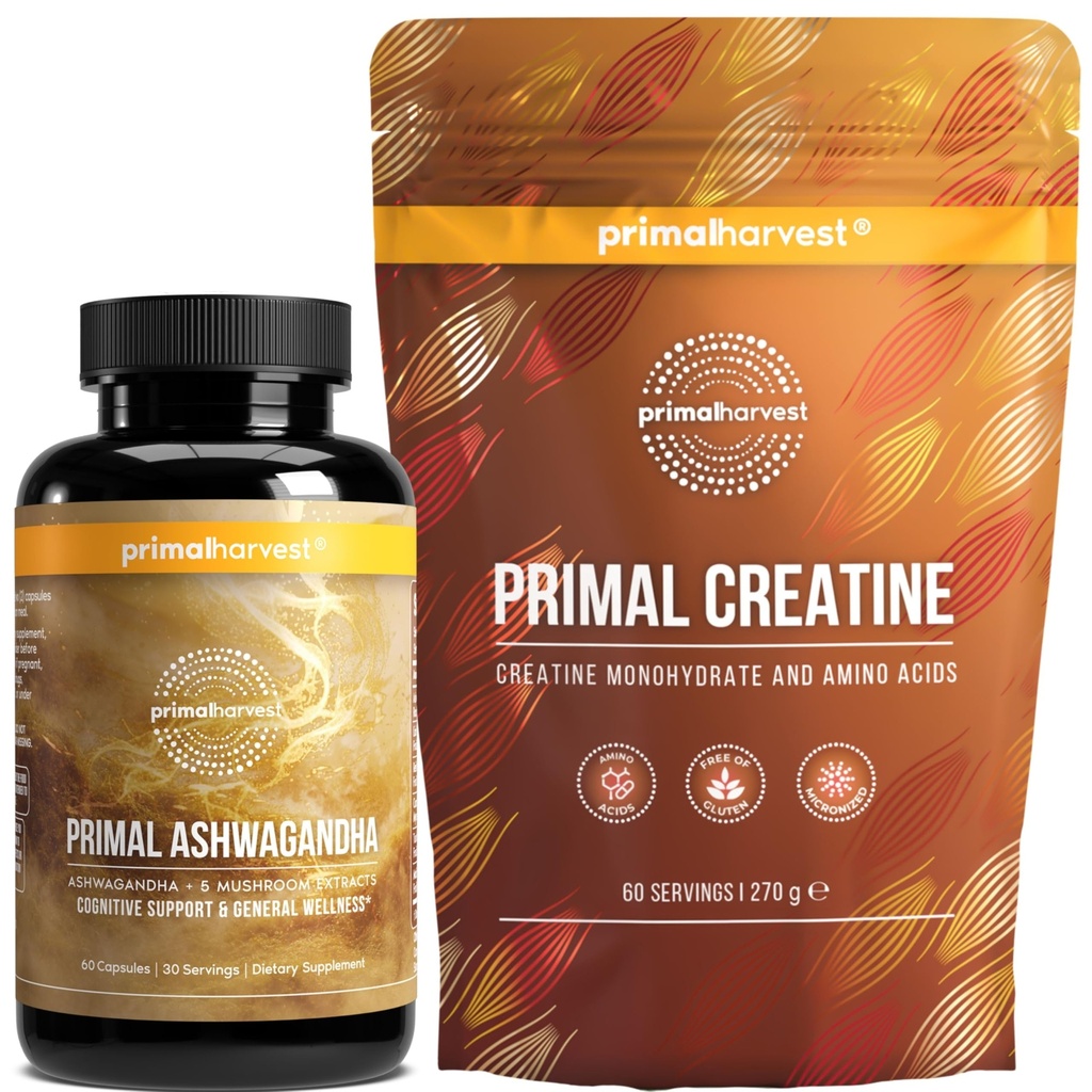 Primal Harvest Daily Two-Step Routine | Ashwagandha + Creatine | 2 Pack | 30 Day Supply