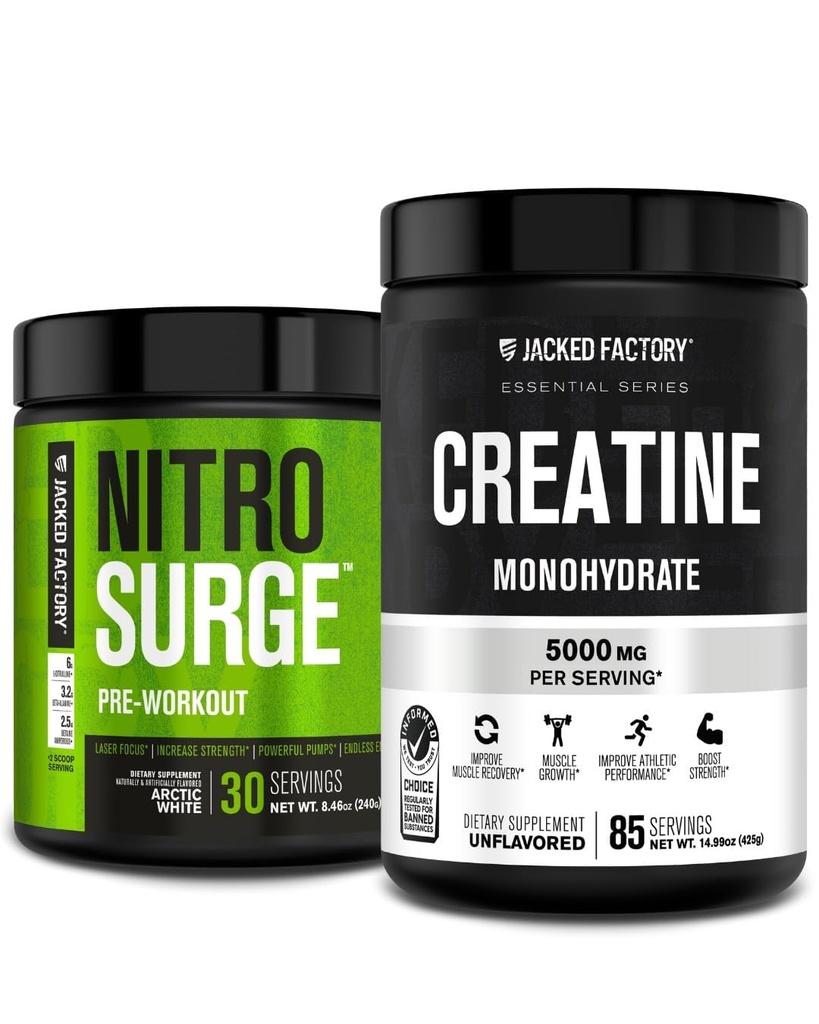 Jacked Factory Nitrosurge Pre-Workout & Createine Monohydrate - Προ-Γυμναστική σκόνη με πλάσμα για την ανάπτυξη των μυών, αυξημένη δύναμη, ατελείωτη ενέργεια - Arctic White Preworkout & Unflaved Creatine
