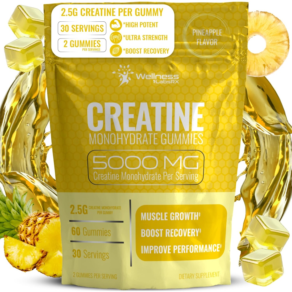 Creatine Gummies 5000mg, 30 Servings Creatine Monohydrate Gummies - Third-Party Tested Creatine for Women, Pineapple Flavor Creatine for Men, Muscle Growth, Strength, and Recovery - Pack of 1