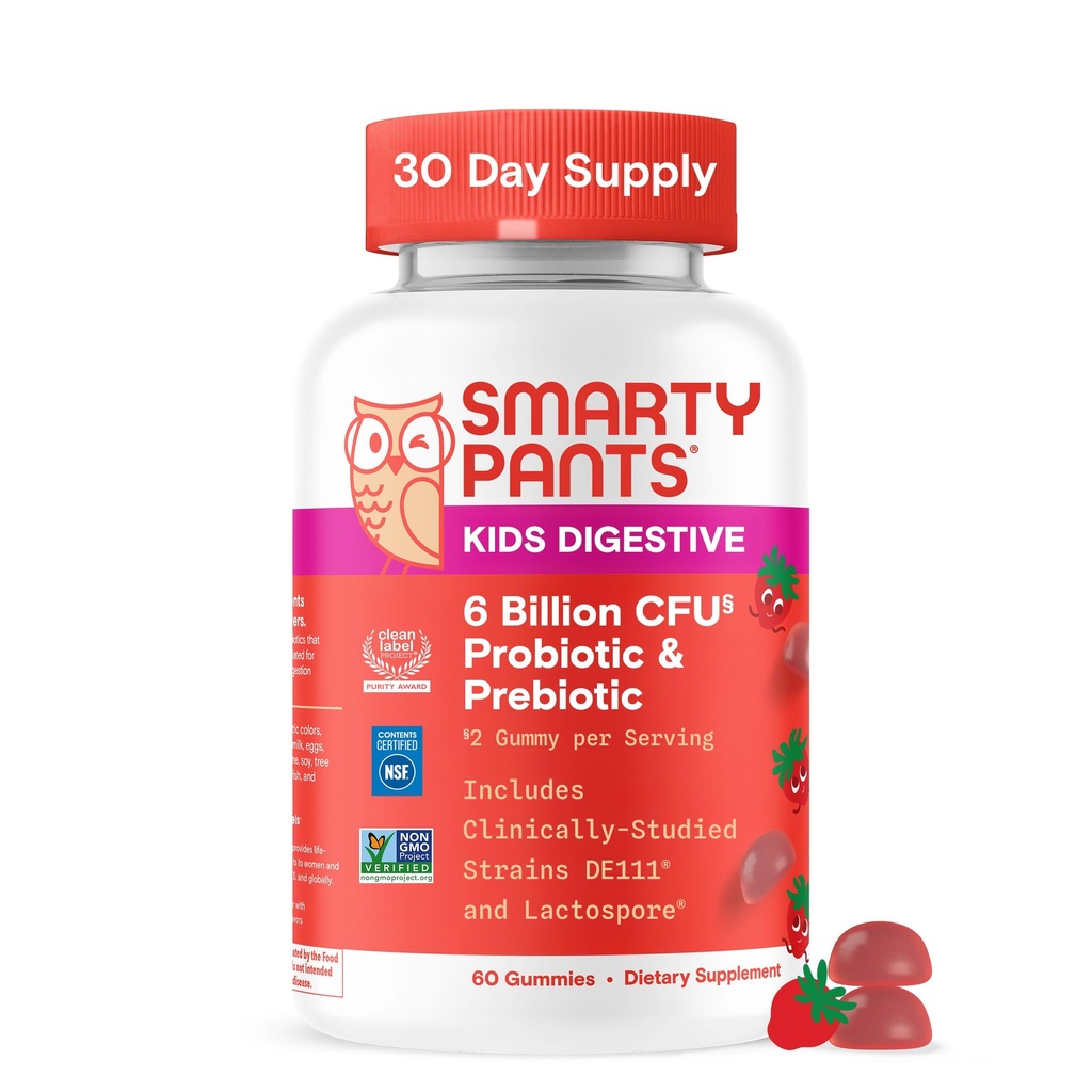 SmartyPants Kids Probiotic & Prebiotic Gummies for Digestive Health: Gut Health Supplement, Clinically Studied Prebiotic for Immune Support, Strawberry, 60 Count (30 Day Supply)