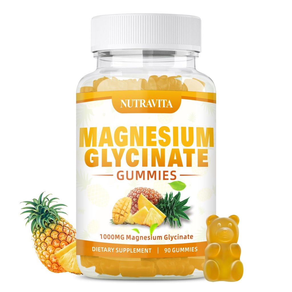 Magnesium Glycinate Gummies 1000mg with Magnesium L-Threonate,Chelated Magnesium Potassium Complex Supplement with VitD, B6, CoQ10, Calcium,Supports for Memory, Calm, Mood - 90 Mango pineapple Gummies