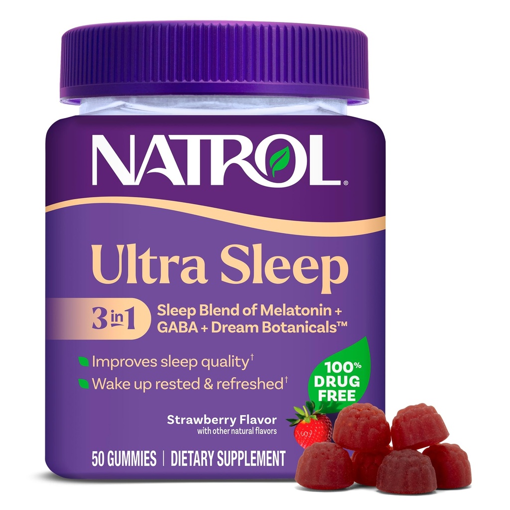 Natrol Ultra Sleep 3-σε-1 100% χωρίς ναρκωτικά βοήθεια ύπνου ανάμειξη με μελατονίνη, GABA & Βοτανική, συμπλήρωμα διατροφής, μη-Habit Forming, 50 Gummies