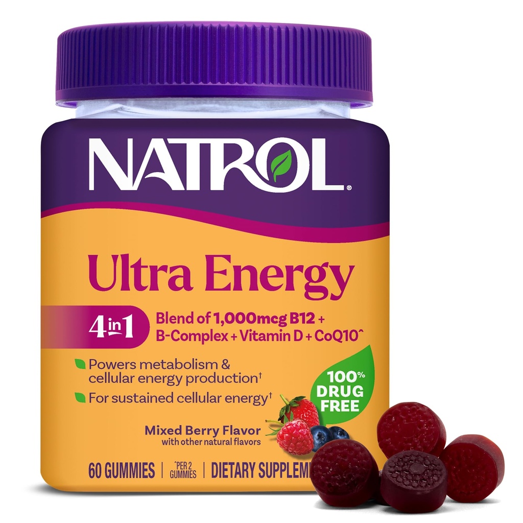 Natrol Ultra Energy 4-in-1 Blend 1000mcg B12, Vitamin B Complex, Vitamin D, CoQ10 Gummies 60 Ct, Vegetarian, Caffeine Free, Supports Cellular Energy Production