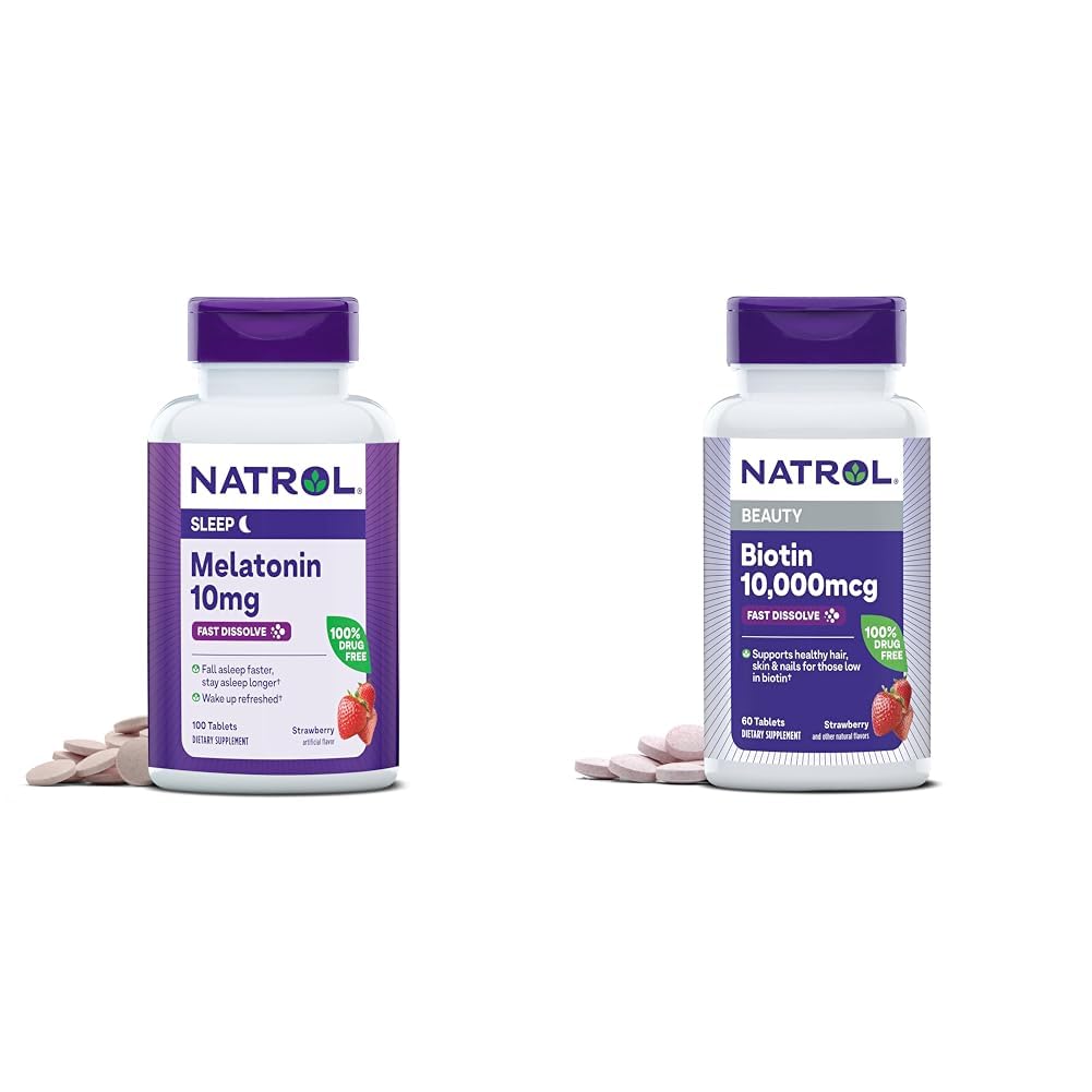Natrol Melatonin 10mg Fast Dissolve 100ct & Biotin 10000mcg Fast Dissolve 60ct Strawberry Tablets Bundle for Sleep, Hair, Skin & Nails