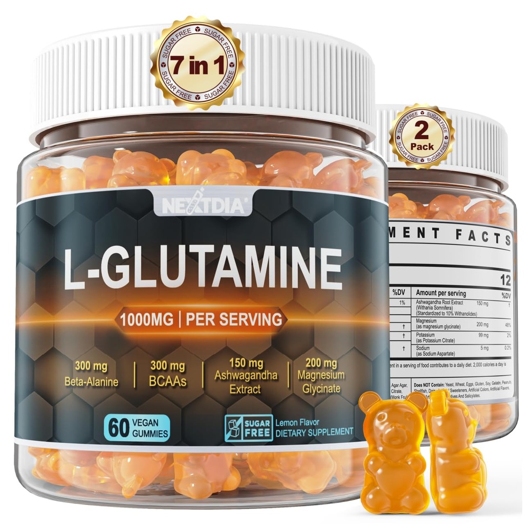 Nextdia L-Glutamine 1000mg Gummies for Women & Men| with Beta-Alanine, BCAAs, Magnesium Glycinate, Potassium & Ashwagandha | Vegan | Sugar-Free & Extra-Chewy | 120 Counts