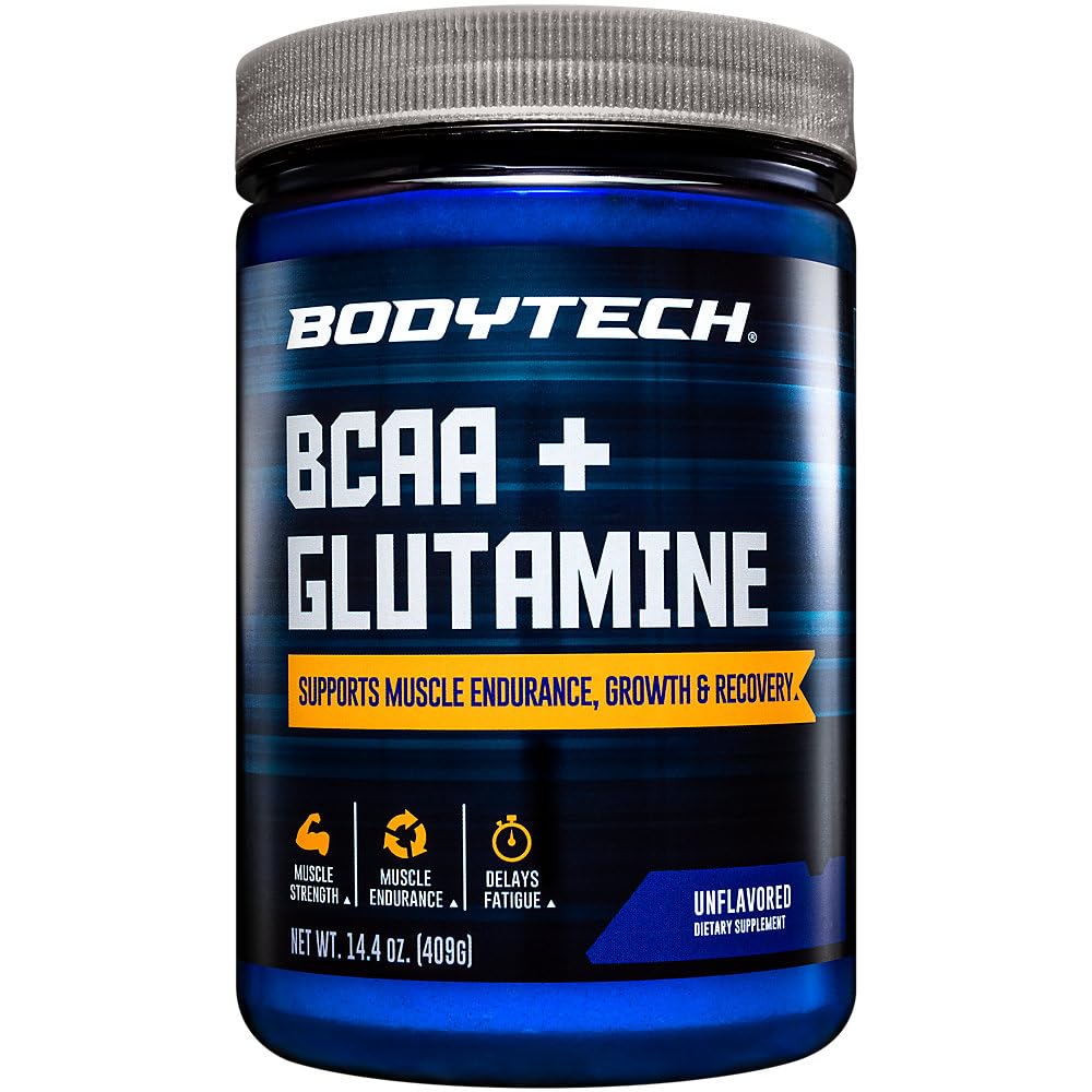 BodyTech BCAA + Glutamine Powder with Vitamin C, L Glutamine & More, Essential Pre Workout or Post Workout Amino Acids for Men & Women, Unflavored, 14.4 Oz, 59 Servings