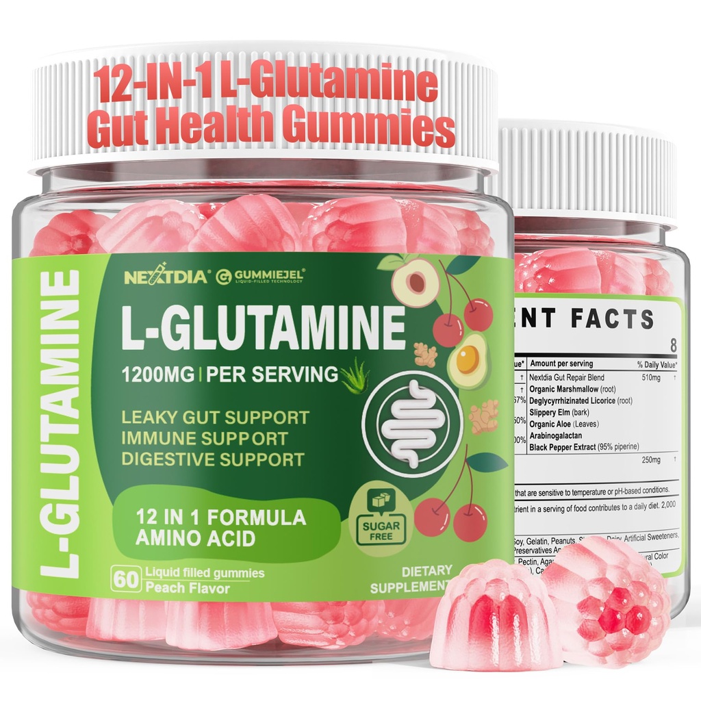 Nextdia L-Glutamine 1200mg Gummies for Gut & Immune Support – Leaky Gut Repair with Slippery Elm, Marshmallow Root, Ginger, Aloe, Vitamin C D3, Zinc & Probiotic – Sugar-Free, 60 Ct