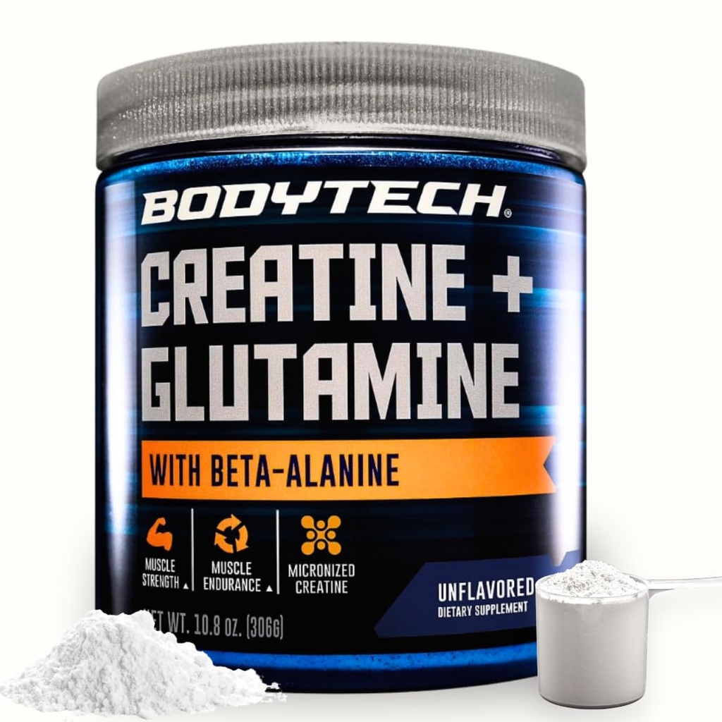 BodyTech Creatine + Glutamine with Beta Alanine Powder, Supports Training & Recovery, Pre Workout & Post Workout Supplement for Men & Women, Unflavored, Gluten Free, 10.8 Oz, 30 Servings