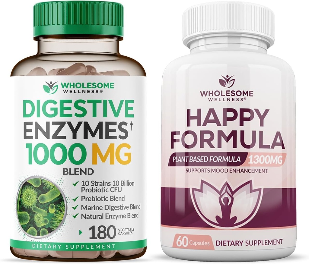 Υγιής Wellness Digestive Ένζυμα 1000MG Plus Συμπληρώματα Πρεβιοτικών & Προβιοτικών + Ευτυχισμένη Φόρμουλα Φυσικό Στρες Φόρμουλα Συμπλήρωμα ανακούφισης για γυναίκες & άνδρες Bundle