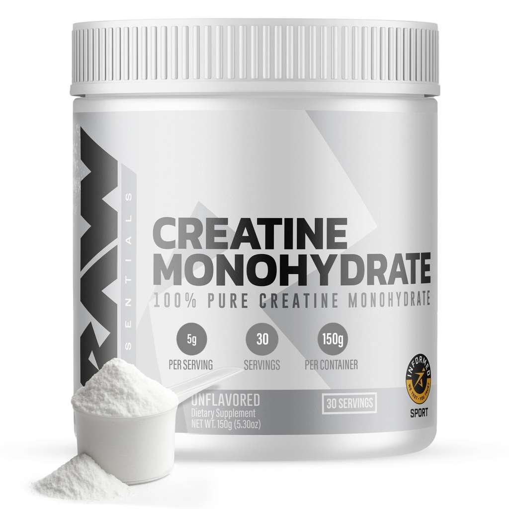 RAW Nutrition Creatine Monohydrate Powder, Unflavored (30 Servings) - Micronized Creatine Monohydrate Supplement for Workout Performance, Build Muscle & Strength - Creatine Powder for Men & Women