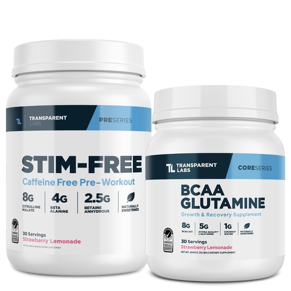 Transparent Labs Stim-Free Pre-Workout Powder (30 Servings, Strawberry Lemonade) & BCAA Glutamine (30 Servings, Strawberry Lemonade)