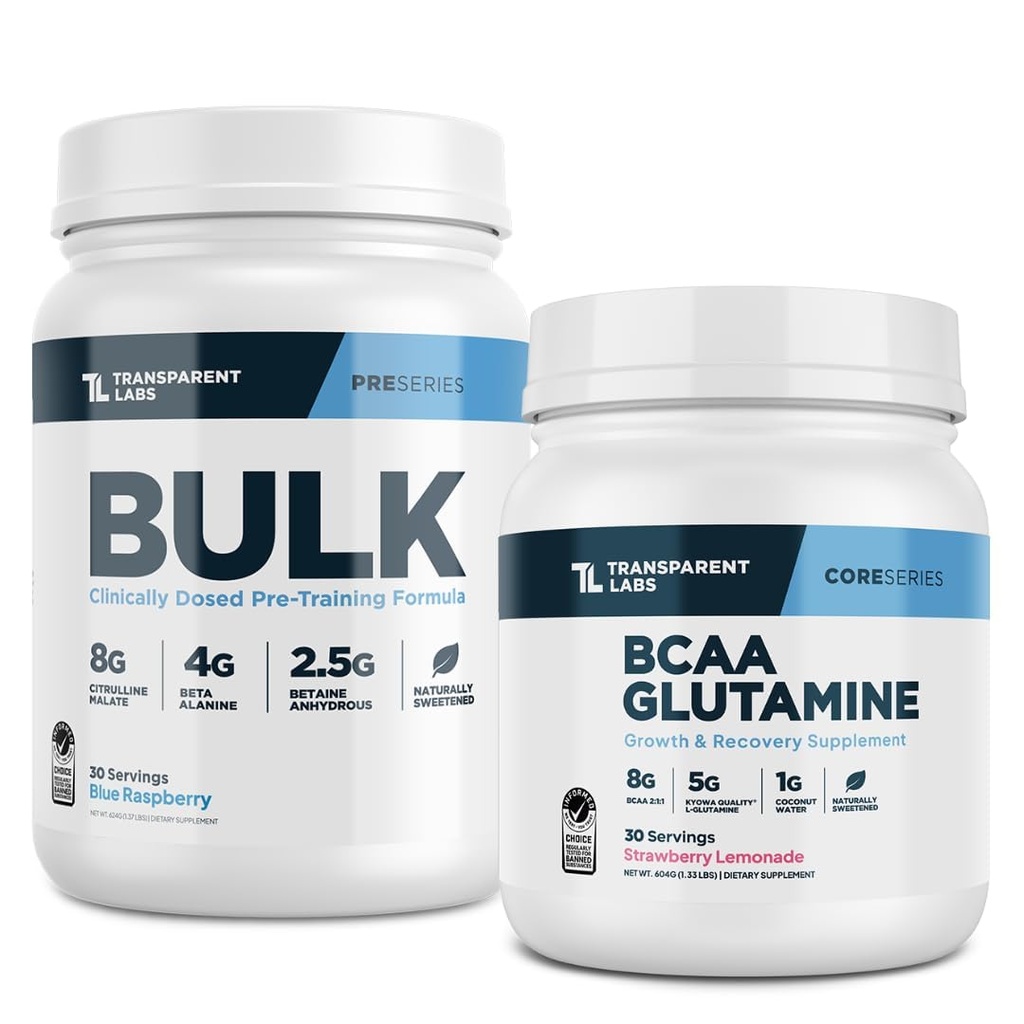 Transparent Labs Bulk Pre-Workout (30 Servings, Blue Raspberry) & BCAA Glutamine (30 Servings, Strawberry Lemonade)
