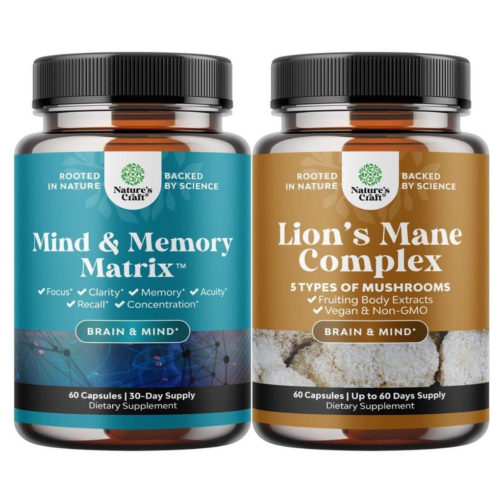 Bundle of Nootropic Brain Supplement for Mental Health & Clarity with VIT A, B6, Riboflavin, Niacin, Thiamin, Folate and Advanced Lion's Mane Mushroom Supplement - Brain Health Memory Support & Focus