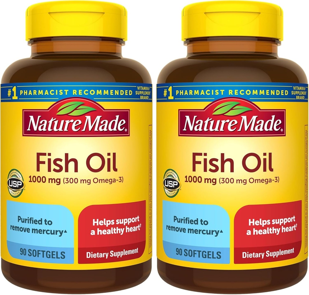 Nature Made Fish Oil Omega 3 Supplements, 1000 mg Softgels, Omega 3 Fish Oil for Healthy Heart Support, 90 Softgels, 45 Day Supply (Pack of 2)