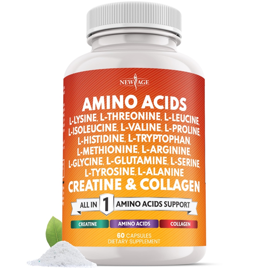 NEW AGE Amino Acids Supplement L-Lysine, L-Threonine, L-Leucine, Isoleucine, Valine, L-Histidine, L-Tryptophan, L-Methionine, L-Arginine, L-Cysteine, L-Glutamine, L-Serine, Aspartic Acid- 60 Count