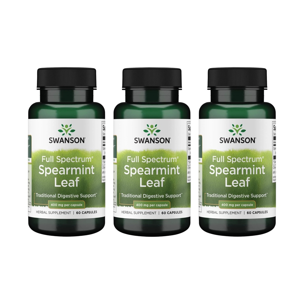 Swanson Spearmint Leaf (Mentha Spicata)- πλήρες φυτικό συμπλήρωμα Spectrum Υποστηρίζοντας Digestive Υγεία & Ήπια Στομαχικά Θέματα - (60 κάψουλες, 400mg έκαστο) 3 Συσκευασία