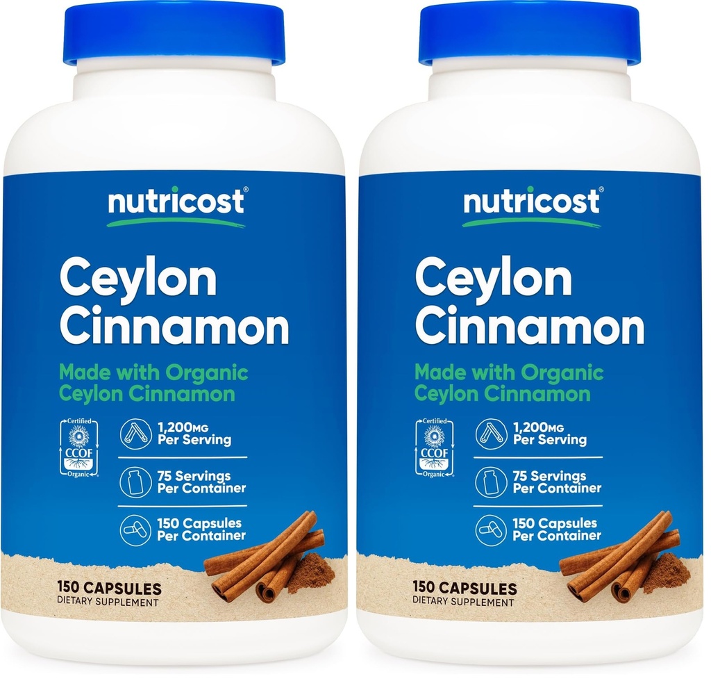 Nutricost Organic Cinnamon (Ceylon Cinnamon) 1,200mg Serving, 150 Capsules - Gluten Free, Non-GMO (Pack of 2)