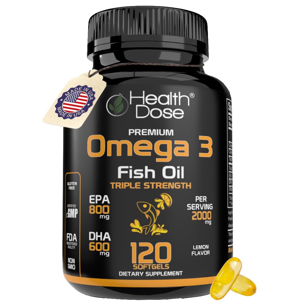 Υγεία Δόση Ωμέγα 3 ιχθυέλαιο 2000mg – Λεμόνι-Flavored Softgels με EPA 800mg & DHA 600mg για τον εγκέφαλο, την καρδιά, και την ευεξία Υποστήριξη – Εύκολη στη δυσπεψία, Δεν Ψάρια Ψάρια – 120 Softgels, 2-Month Supply