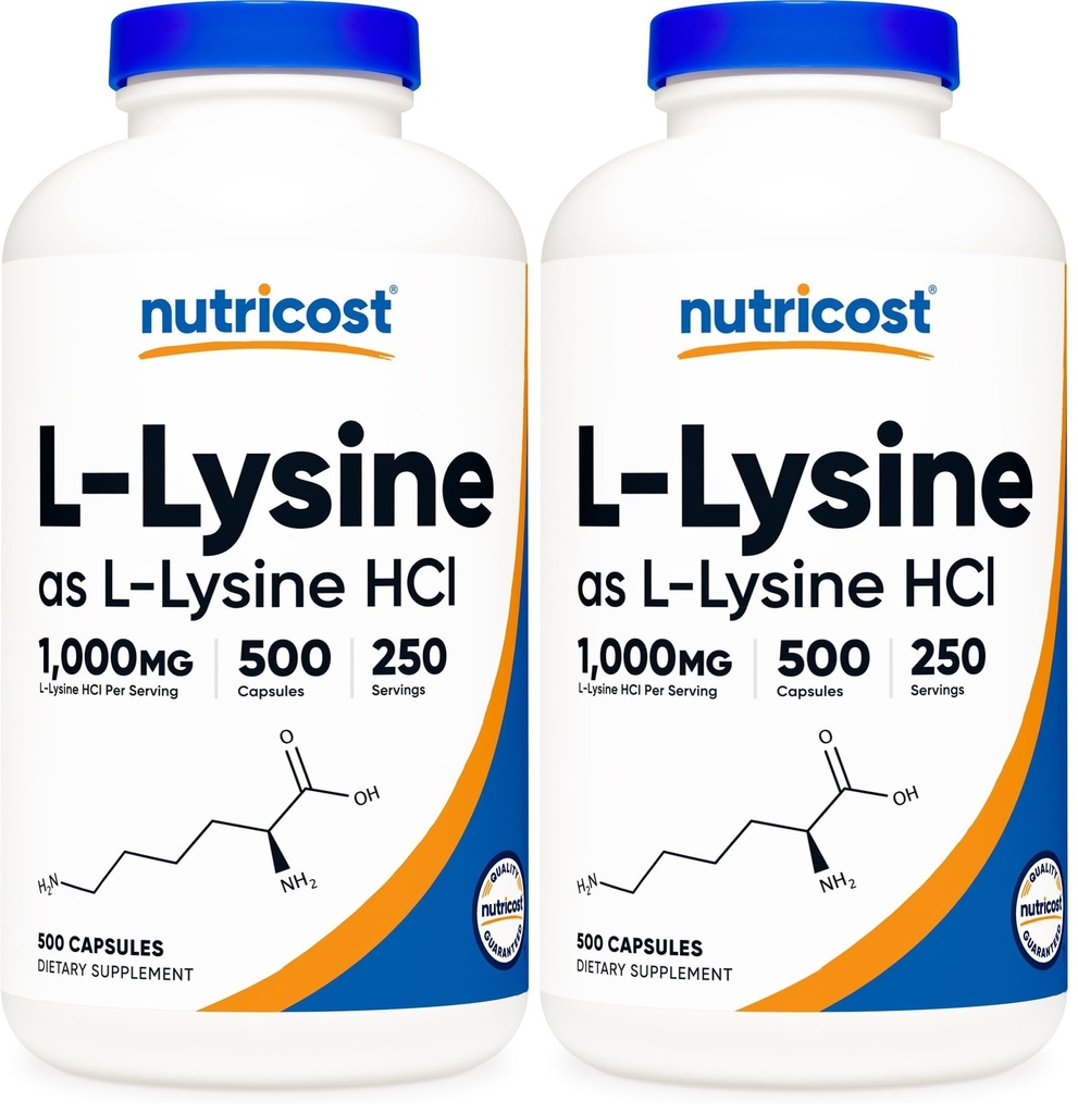 Nutricost L-Lysine 1000mg Per Serving, 250 Servings, 500 Capsules - Gluten Free, Non-GMO, 500mg Per Capsule (Pack of 2)