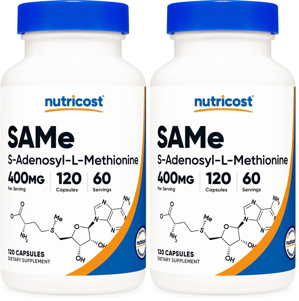 Nutricost SAM-e (S-Adenosyl-L-Methionine) 400mg Per Serving, 60 Servings, 200mg Per Capsule, 120 Capsules - Non-GMO, Gluten Free Same, Vegetarian (Pack of 2)