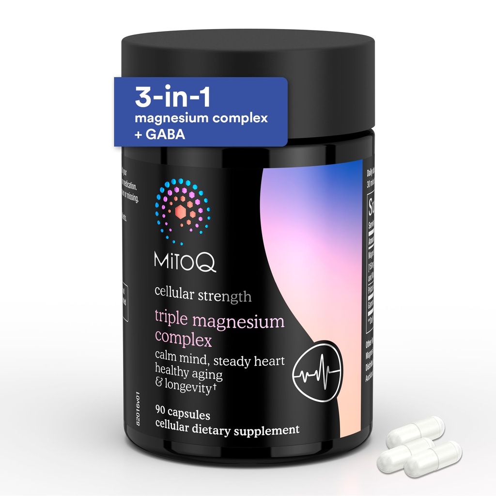 MitoQ Triple Magnesium Complex | Magnesium Glycinate, Taurinate, Oxide with GABA for Heart Health, Stress Management, & Deeper Sleep | High Absorption | 90 Capsules