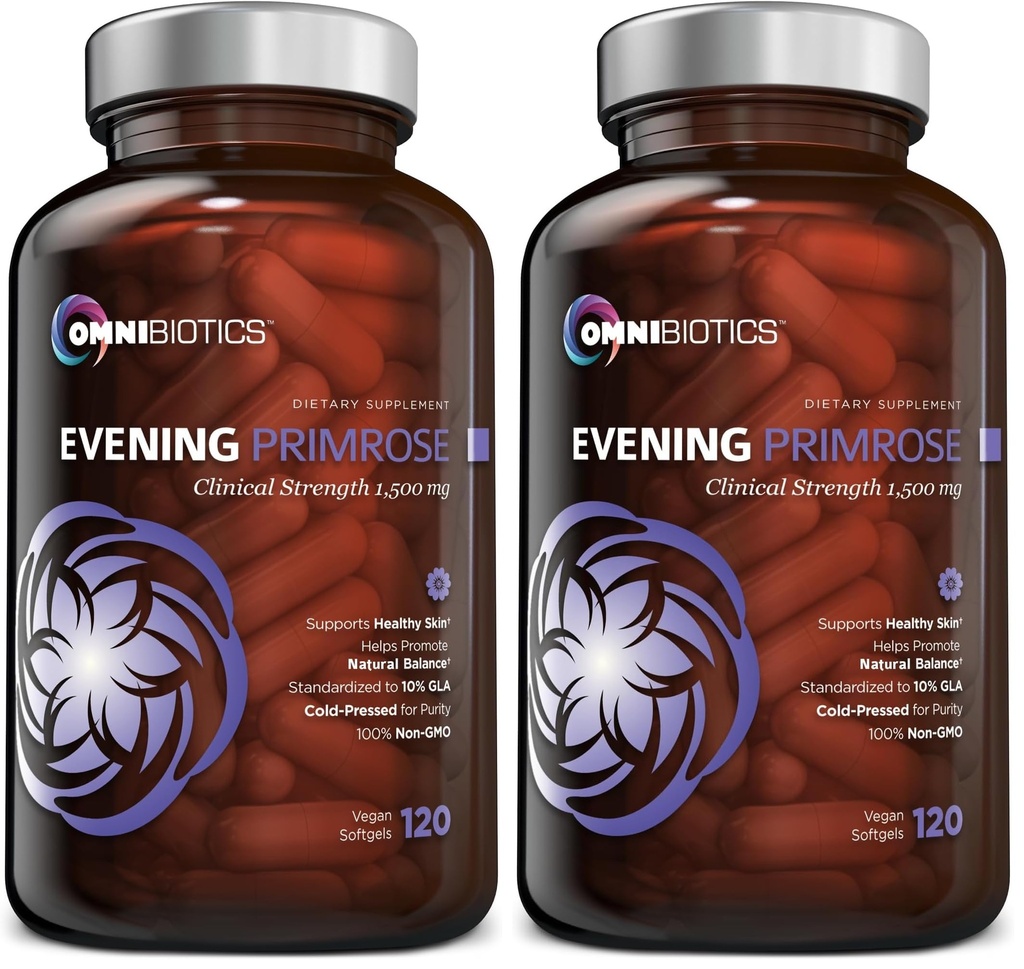 OmniBiotics Organic Evening Primrose Oil for Women – Clinical Strength 1500mg per Capsule, 10% GLA, Cold-Pressed, Non-GMO, Hormone Balance for Women – 120 Vegan Softgel Capsules (Pack of 2)
