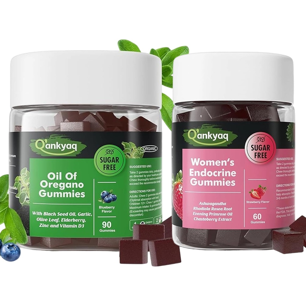 Q'ankyaq Oregano Oil with Black Seed Oil Organic Gummies for Kids and Adults, PMS Support Gummies for Women, Hormone Balance with Evening Primrose Oil