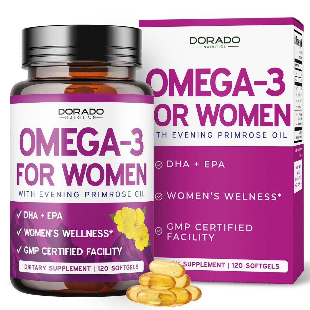 Fish Oil Omega 3 Supplements for Women (120 Softgels) DHA + EPA | Omega-3 Fish Oil Supplements with 800mg Evening Primrose Oil - Heart Health, Hormone Balance, Skin & Wellness Support - 120 Count