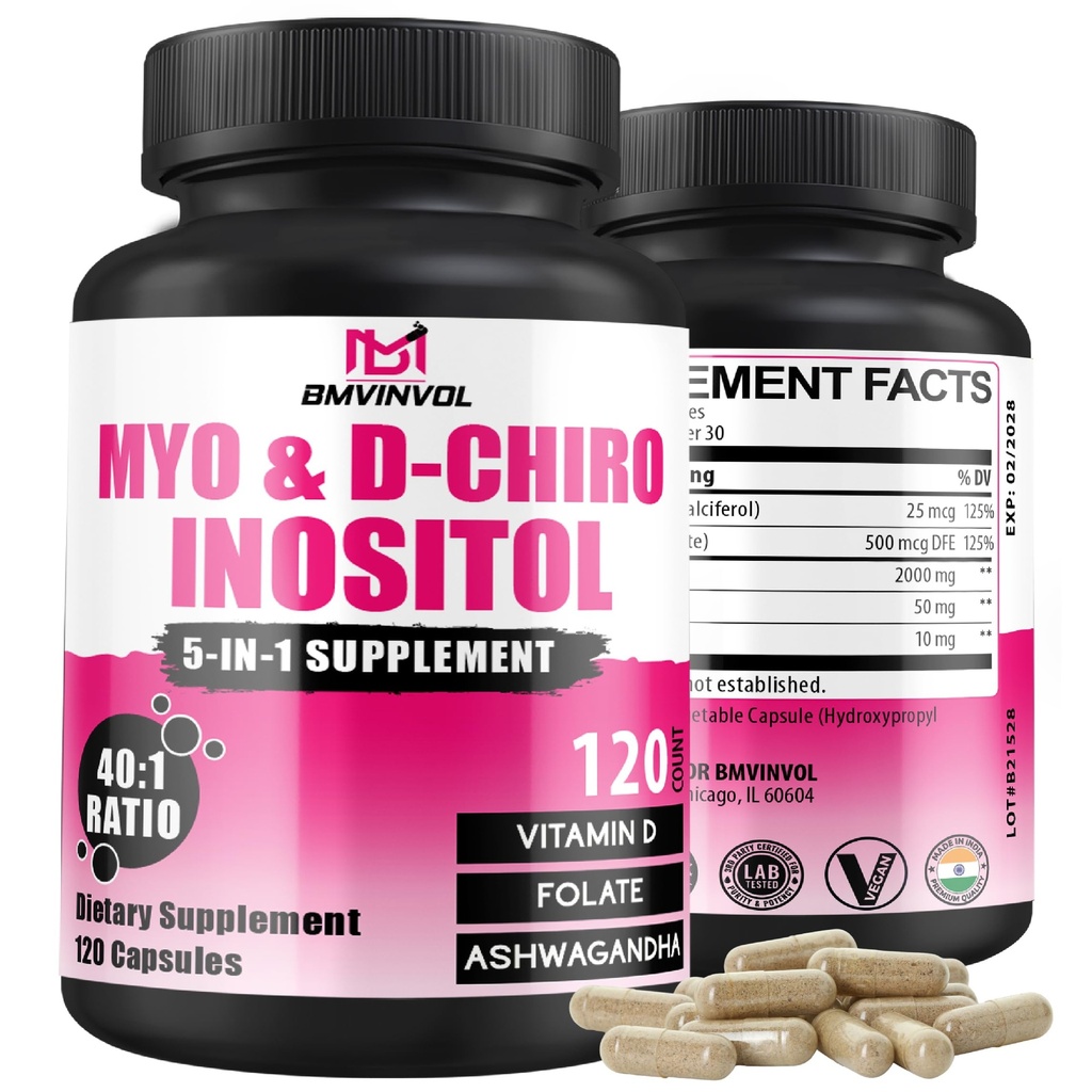 BMVINVOL 2,050mg Myo-Inositol & D-Chiro Inositol Capsules with Folate, Vitamin D- Hormone Balance & Ovarian Support for Women - Ideal 40:1 Ratio - 120 Capsules