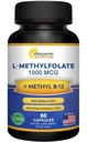 aSquared Nutrition L Methylfolate Plus Methyl B12 - Methylated Folate Supplement for Women & Men - 5-MTHF (Active Vitamin B9) 1000 mcg & B-12 1mg - B Complex - 60 Capsules