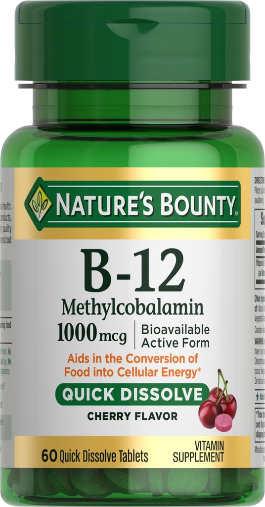 Nature's Bounty Vitamin B-12 Quick Dissolve Tablets, 1000mcg, Aids in the Conversion of Food into Cellular Energy, Cherry Flavor, 60ct