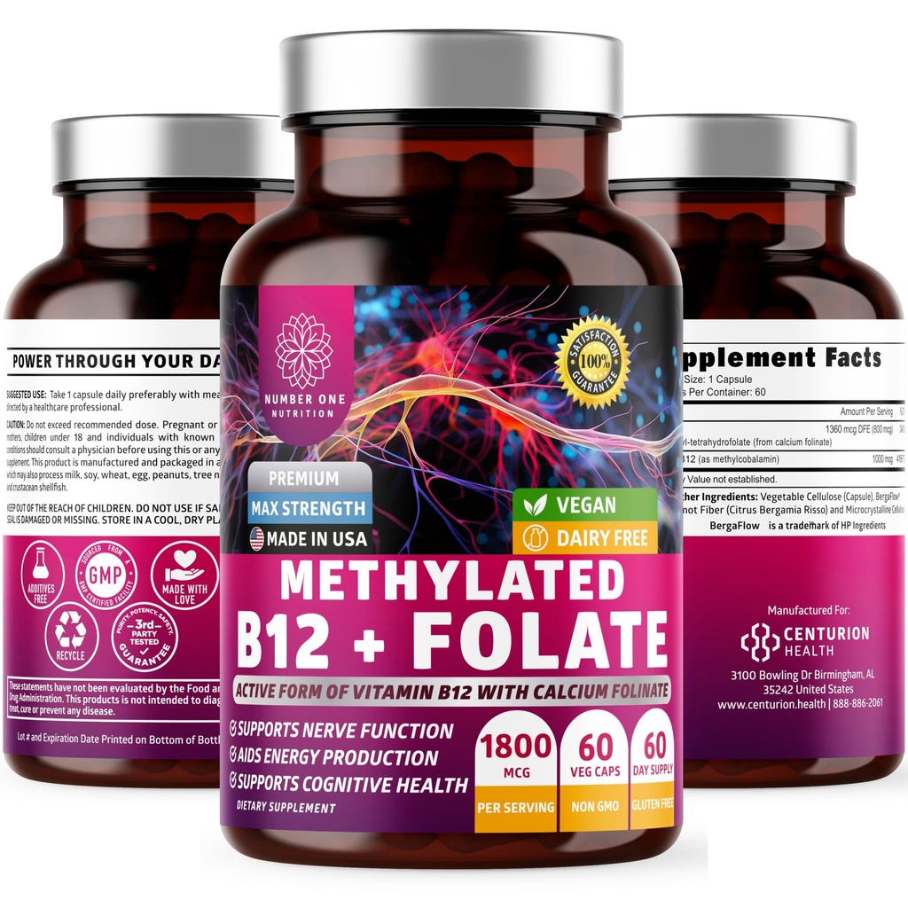 Number One Nutrition Premium Methylated B12 + Folate Supplement for Energy, Cognition and Nerve Support, 60 Vegan Capsules, Non-GMO and Gluten-Free