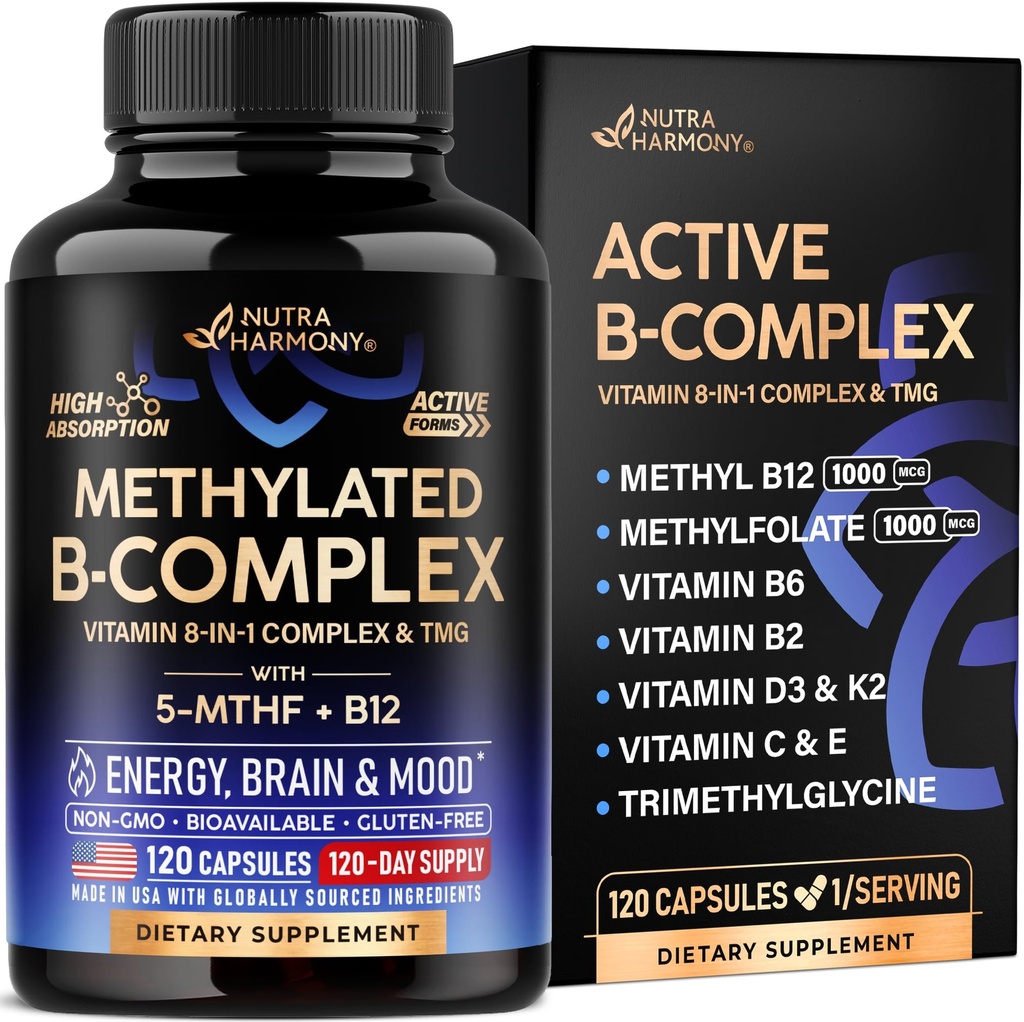 Σύμπλεγμα βιταμίνης Β μεθυλιωμένο - B-Complex με μεθυλοφολικό & B12 - Bioδιαθέσιμο για άνδρες & γυναίκες - 9-σε-1 μεθυλιωμένη πολυβιταμίνη - Ενέργεια, εγκέφαλος & λάσπη - Vegan - Κατασκευάζεται στις ΗΠΑ - 120 κάψουλες, μία/ημέρα