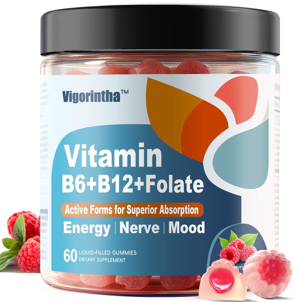 Methylated Vitamin B6, B12 & Folate Gummies, Vitamin B6 Supplement with Methylated B12& L-Methylfolate for Energy, Brain & Nerve, Sugar Free, Vegan, 60 Gummies.