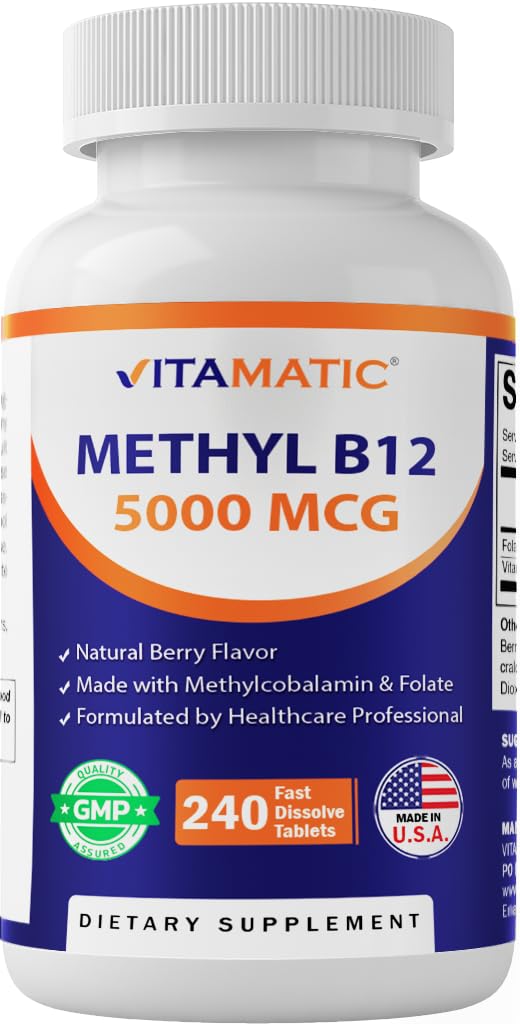 Vitamatic Methyl B12 5000 mcg with Folic Acid – Natural Berry Flavor – 240 Fast Dissolve Tablets – Methylcobalamin Vitamin B12 for Energy & Nervous System Support – Vegan & Non-GMO Supplement