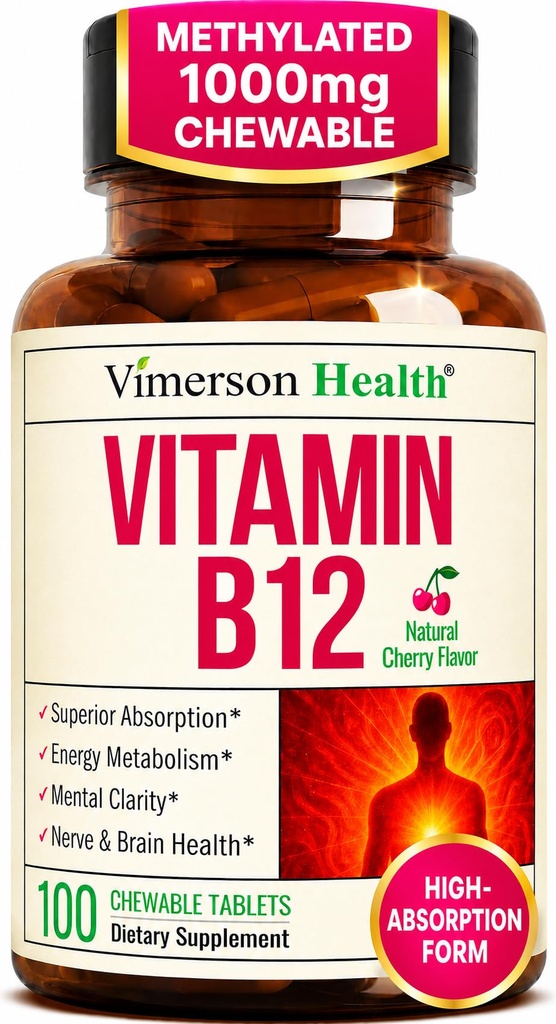 Vitamin B12 1000 mcg – Chewable Methylated B12 (Methylcobalamin B12) for Energy & Metabolism Support – Methylated B Complex for Superior Absorption – 100 Natural Cherry-Flavored Tablets - Vegan