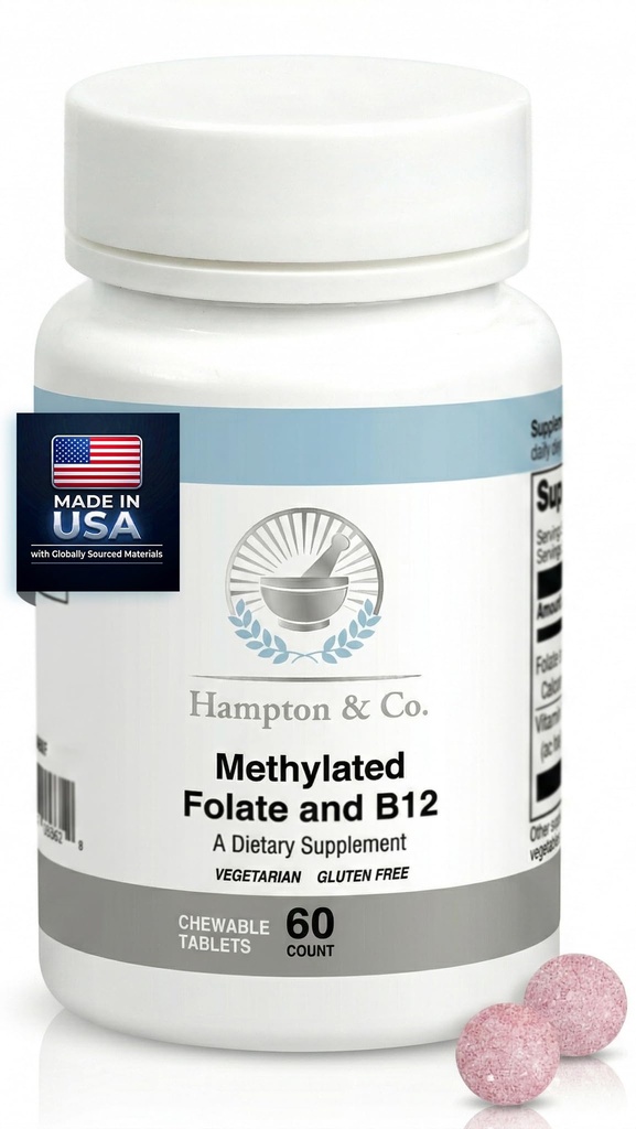 Hampton Distribution Methylated B12 & Folate Complex | Once-Daily Chewable Supplement for Energy Production & Cardiovascular Health | 60 Chewable Folate and B12 Supplement Tablets