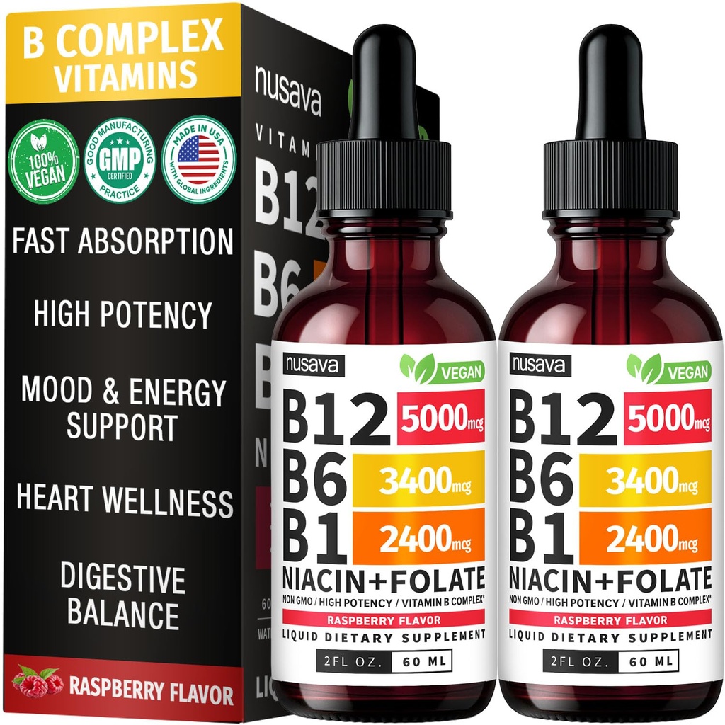 (2 Pack) Vitamin B12 and B6 Liquid Drops, B12 Sublingual Vitamin B Complex - B 12 Vitamin 5000mcg - B12 Methylcobalamin for Energy, Brain, and Heart Support with 27,200 mcg, Raspberry, (80 Servings)