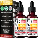 NUSAVA (2 Pack) Vitamin B12 Liquid Drops with B6, B1, Niacin & Folate — B12 Sublingual Vitamin B Complex, Methylcobalamin 5000 mcg, for Energy, Brain & Heart Support, Raspberry Flavor, 80 Servings