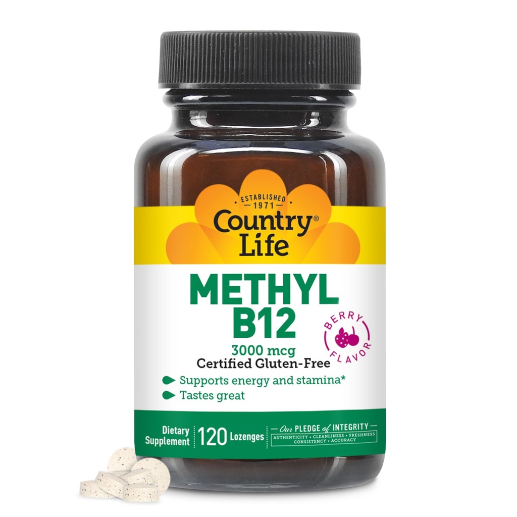 Country Life Methyl B12, 3000 mcg Lozenges, Supports Energy & Stamina, Metabolism & Red Blood Cell Production, Berry Flavor, 120 Vegan Lozenges, Certified Gluten Free & Halal